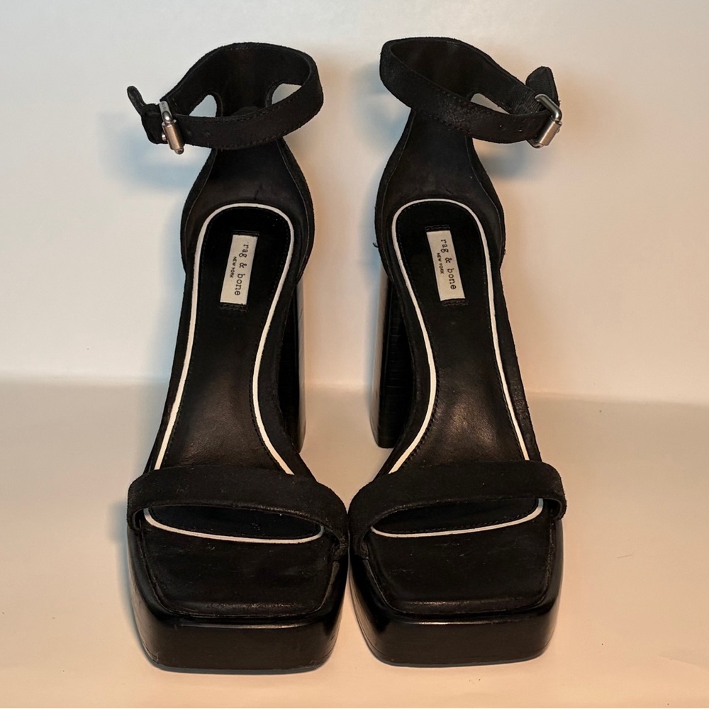 rag & bone Platform Sandals Womens 38 Black Suede Block Heel Square Toe Buckle - Picture 2 of 12